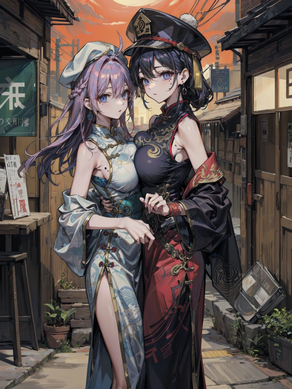 1female,25 yers old,A MILF,medium breast,独奏,(Background with:the rainforest,lotus flower,Sateen) She has long pink hair,bobo head,seen from the front, standing in city,cloudy sky,((tmasterpiece),Very detailed CG unity 8K wallpaper,best qualtiy,cinmatic lighting,detailed back ground,beatiful detailed eyeright pupils,yellow eyes,Snow-whiteskin,(Very fine and beautiful),(Beautiful and detailed eye description),ultra - detailed,tmasterpiece,))facing at camera,A high resolution,ultra - detailed),extremely large bosom,A sagging breast,revealing breastare genitalia, Bulge,legs are open,Raised sexy,,Flushed complexion,Desire for dissatisfaction,frontage,(Wearing: Green cheongsam, pantyhose, long gloves)