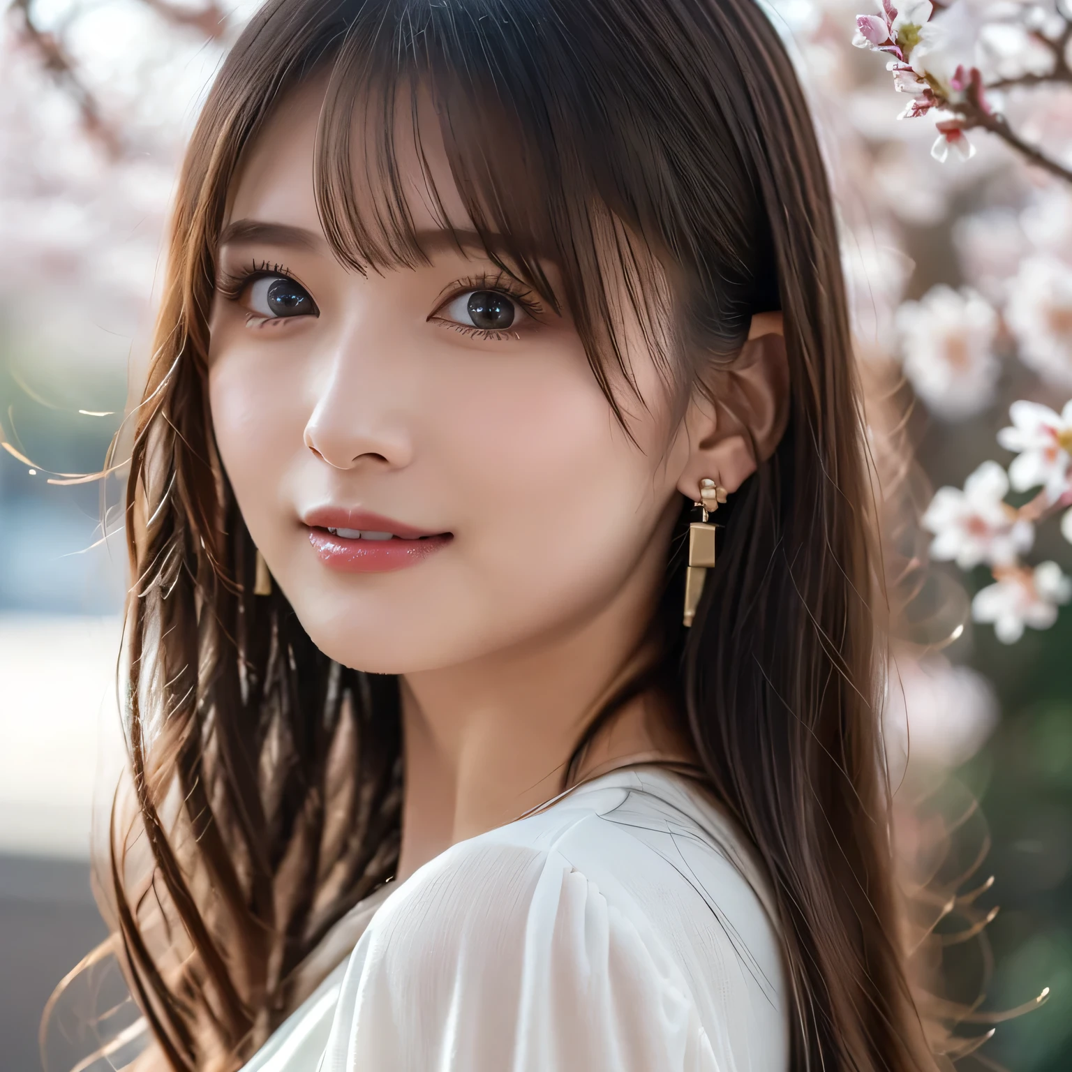 in 8K,Best Quality:1.4,(Photorealistic), (Ultra High realistic), (Ultra Fine), ( Ultra Fine ), (Real Anal Details Pictured in the Name), (Increase saturation), (1 girl), beautiful woman with perfect style, cute face, has a beautiful face, (lively face), (Shy smile:1.3, Smooth skin、30-years old:1.5、Beautiful black eyes、natural skin textures:1.3, realistic eyes and face details)、 (Brown medium hair,Bangs),、middlebreasts、Beautiful Hairstyle, realisticな目, beautiful details, (realistic skin), beautiful skin, charming, Ultra Fine, super realistic, realistic, very well detailed, (Medium Chest:0.5), Medium long curly hair, bungs, (brown hair), (slim figure), (white blouse、miniskirt:1.3, 2023-2024年spring), kind smile, brown hair, ( earrings ), (supermodel figure), cherry tree、Cherry blossoms fluttering down、spring