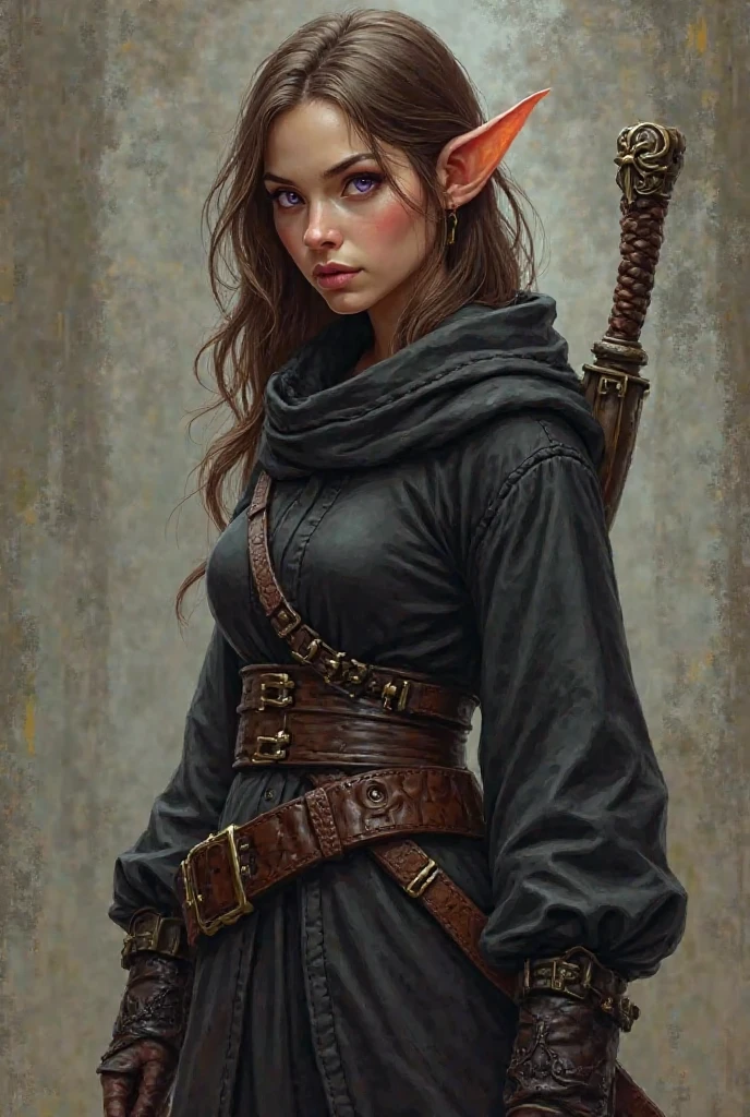 An image of a female halfling ranger for a DnD game — slender build, brunette, with purple eyes and wearing black clothing, she must be very short , not like a  and have normal human NOT elf ears she must have a serious face 