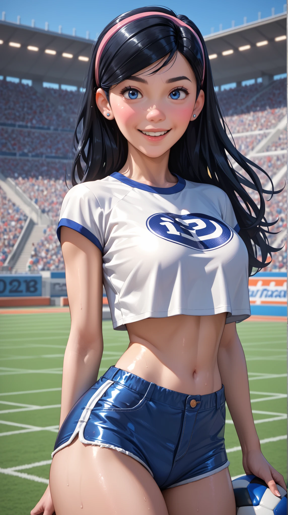 A female track and field athlete, 18 years old, drinking water from a water bottle, wearing a sports uniform, with black hair in a ponytail, red eyes, sweating, on a school sports field, bright sunlight, clear blue sky, summer, (best quality,4k,8k,highres,masterpiece:1.2),ultra-detailed,(realistic,photorealistic,photo-realistic:1.37),extremely detailed eyes and face,beautiful detailed eyes,beautiful detailed lips,longeyelashes,highly detailed athletic uniform,sweat glistening on skin,dynamic pose,sun flare,vibrant colors,cinematic lighting