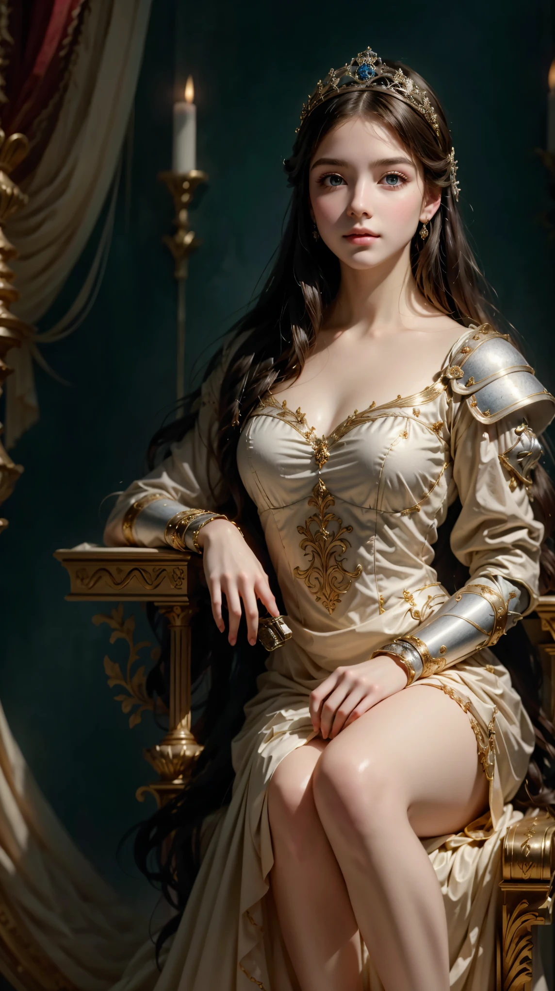 retrato, garota, Middle Ages , Classicismo, andrey atroshenko style, pintura, traditional media, realista, figurativo, belas artes, oil on canvas, HDR, 8k, original character, High resolution, high detail, Focus on the face, thick thighs, long beautiful legs , YOUNG MAIDEN, Musa, MEDIEVAL PRINCESS, Middle Ages , silver armor , dressed in silver, sentada, uncovered legs, sitting on a throne, sitting sideways, center of the image, Central image , Belle, PERSEPHONE