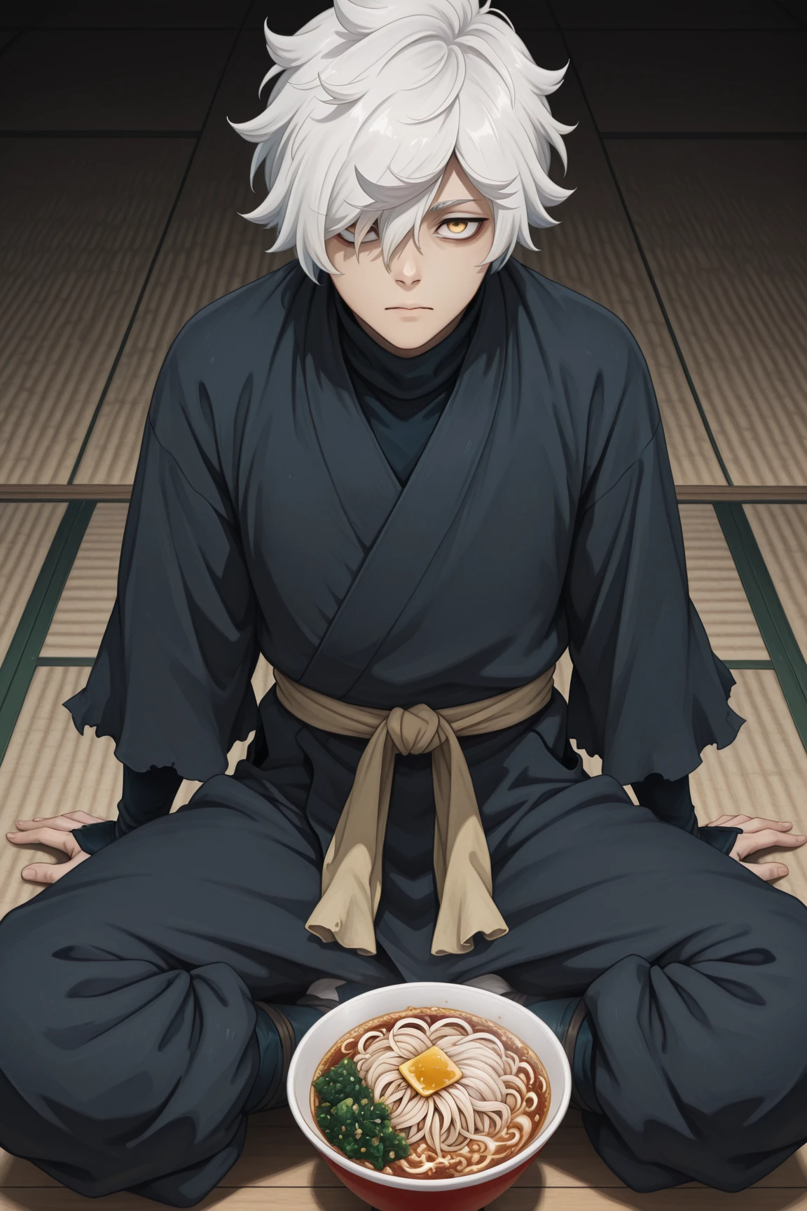 gabimaru, jigokuraku, 1boy, yellow eyes, hair over one eye, short hair, white hair, black kimono, black kimono, ninja, sitting on floor, eat ramen