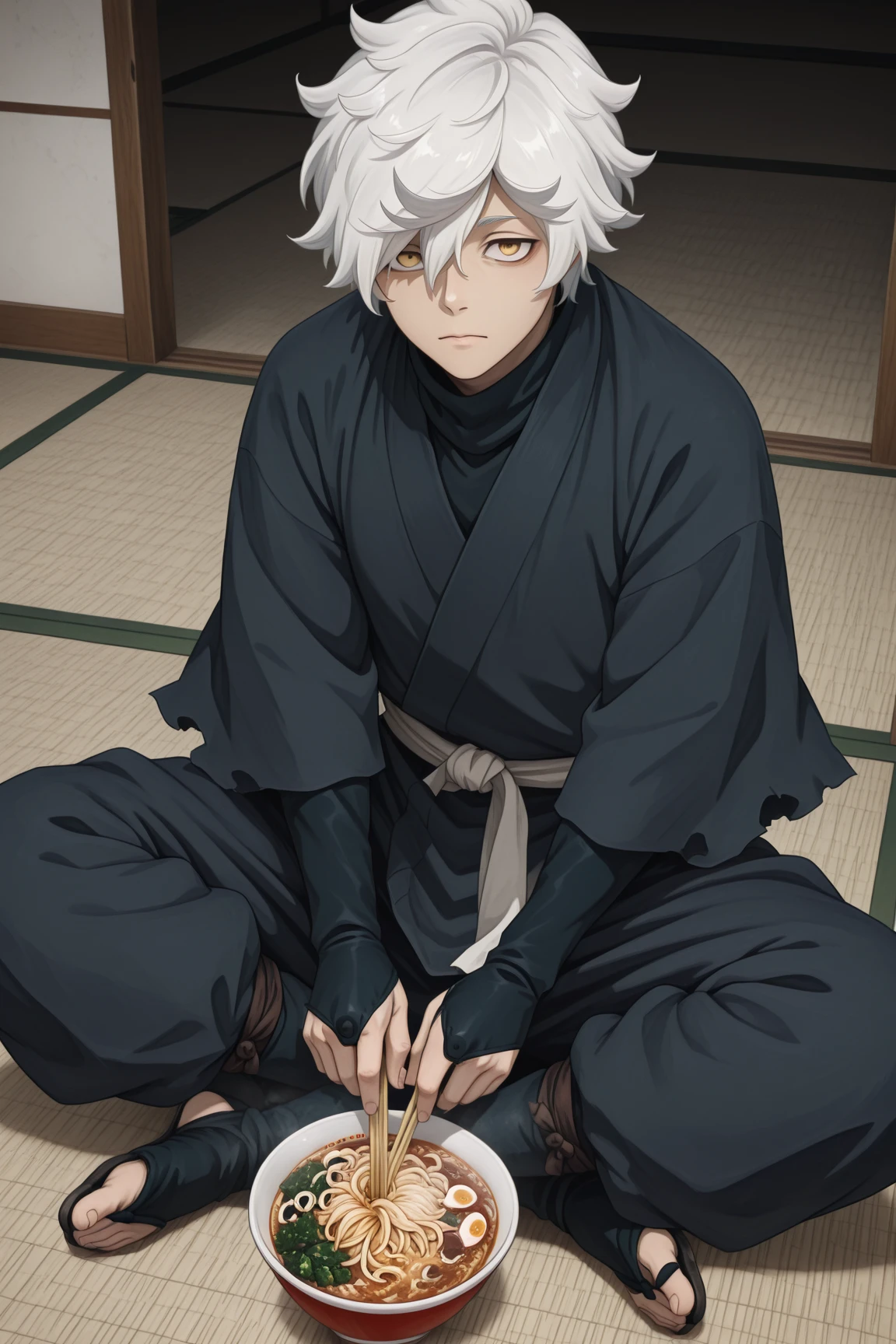 gabimaru, jigokuraku, 1boy, yellow eyes, hair over one eye, short hair, white hair, black kimono, black kimono, ninja, sitting on floor, eat ramen