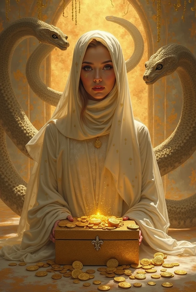   A beautiful, blonde hijab woman with a gold box and coins next to her 
 A golden metal with a wild snake behind it 