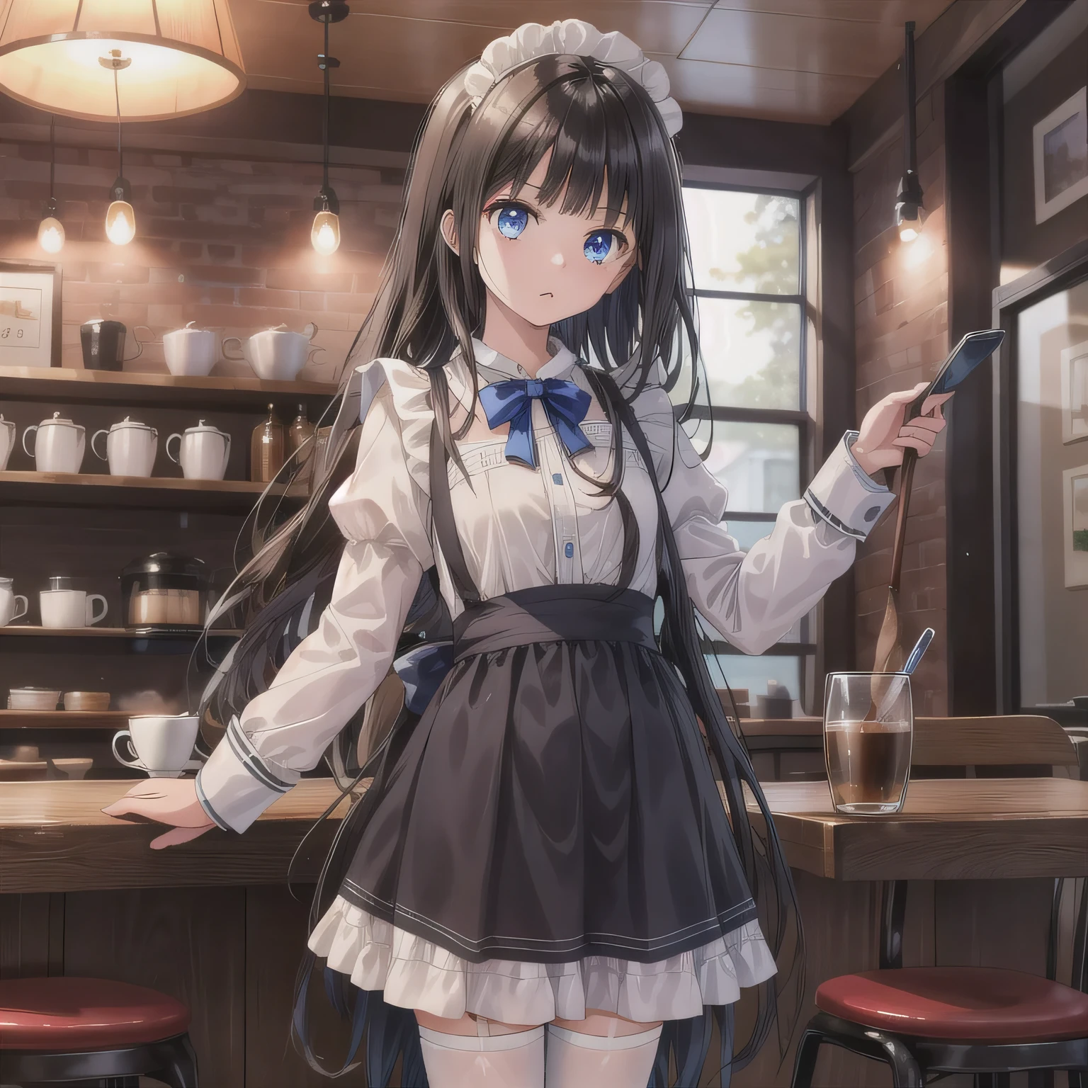 A girl is working as a waitress in a cozy cafe. She's wearing a classic maid outfit. The air feels warm and calm, and it's like you can almost smell the coffee through the picture.  Black hair, long hair, blue eyes.