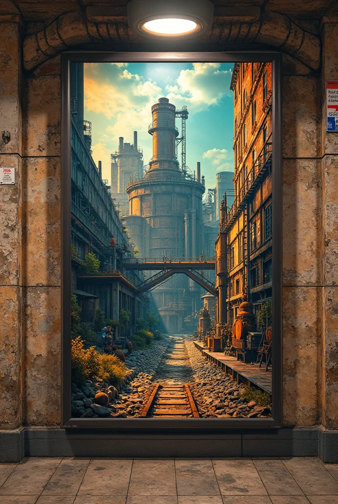 Make me a subway advertising poster that makes Parisians want to go and visit an existing industrial site in northern France present in the 1970s. The colors must not be cold and around the poster we must find the walls of the Paris subway. 