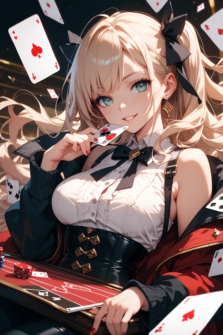 ​(Best quality, 8K, Masterpiece:1.3, 1 girl, solo, Beautiful girl), cute, Dynamism, Detailed face, Detailed skin, detailed clothes, Detailed eyes, Detailed lips, Detailed tongue, Detailed fingers, Detailed mouth, Photorealistic, Raw photo, highres, hight resolution, Natural lighting, dynamic pose, perfect ???????, toned legs, double eyelids, tear bags, round eyes, moist lips, sweaty, ecstatic face, (alice in wonderland), playing card, cards, smile, fisheye, close up, white thighhighs, diamond, heart, clover, spade, surreal, upside-down, cleavage