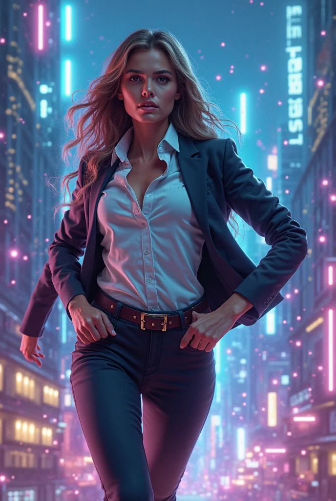Create a hyperrealistic image of a modern superhero who represents a Community Manager. the woman must be young , safe and powerful,  with realistic and detailed features .  She wears a formal business unbuttoned suit  ( jacket and elegant tight pants )  combined with superhero elements :  a suit integrates details ,  open jacket , office formal shirt tucked in skintight pants and a black belt with buckle.  The superhero is in an action pose ,  flying over a futuristic city illuminated with blue neons , purple and yellow. ,  growth bars and engagement arrows .  The background is a mix of a futuristic city and digital elements ,  such as binary codes and connection networks .  The lighting is dramatic ,  with flashes of light and movement effects .  The style must be hyperrealistic ,  with precise details in the skin texture , The unbuttoned suit, environment .  The expression of the superhero is confident and determined ,  as if I was ready to save the digital world .