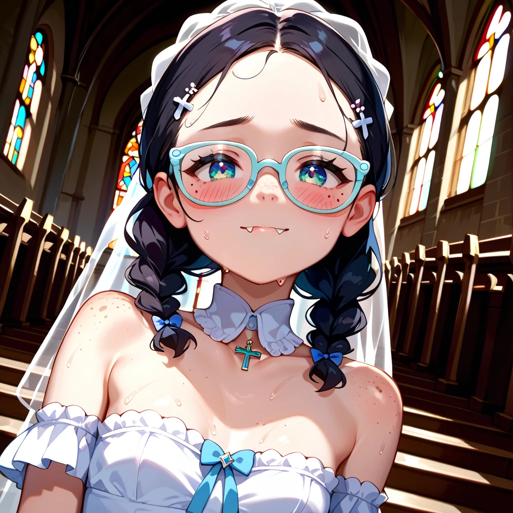 ultra-detailliert, Best Quality, High resolution, ((A cute little girl with black hair and a big face.))、Pretty eyes、Detailed eye depiction、Eye sparkle、Sareme、Looking at Viewer, pale skin、(((Petite))), (Naked Wedding Dresses)、(flat chest), (big glasses), (blush:1.2), (big eye:1.5), Shy smile, NSFW, In a church, Focus on the face, Long hair with braids, ((facial close-up))、front view