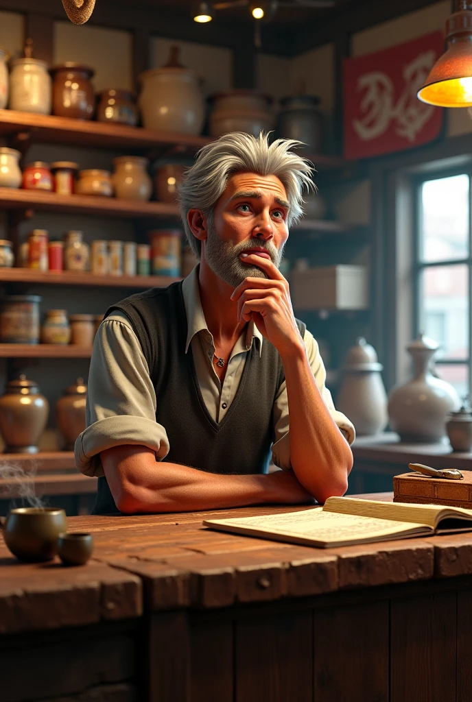 I want an image of a merchant with a thoughtful store counter and with. hand on chin