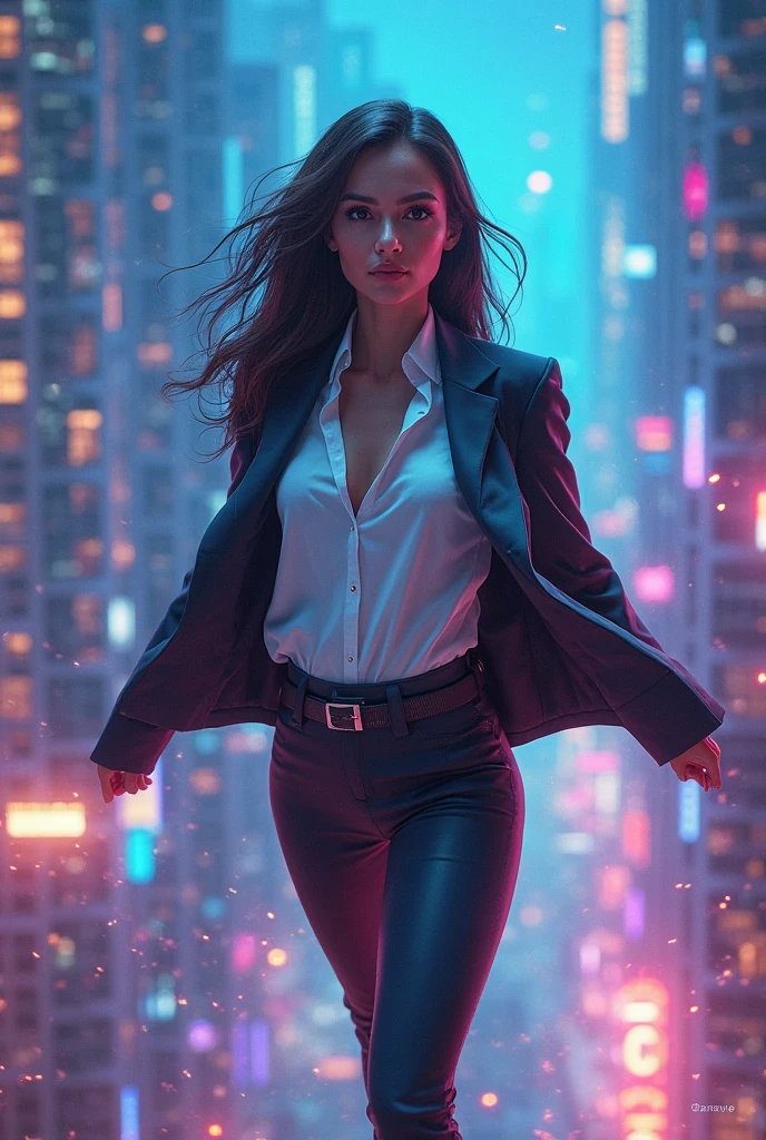 Create a hyperrealistic image of a modern superhero who represents a Community Manager. the woman must be young , safe and powerful,  with realistic and detailed features .  She wears a formal business unbuttoned suit  ( jacket and elegant tight pants )  combined with superhero elements :  a suit integrates details ,  open jacket , office formal shirt tucked in skintight pants and a black belt with buckle.  The superhero is in an action pose ,  flying over a futuristic city illuminated with blue neons , purple and yellow. ,  growth bars and engagement arrows .  The background is a mix of a futuristic city and digital elements ,  such as binary codes and connection networks .  The lighting is dramatic ,  with flashes of light and movement effects .  The style must be hyperrealistic ,  with precise details in the skin texture , The unbuttoned suit, environment .  The expression of the superhero is confident and determined ,  as if I was ready to save the digital world .