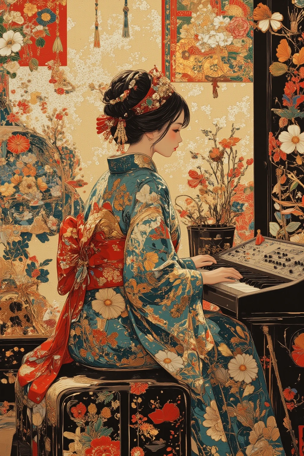 テーマはambient music,畳の和室に伝統的な花柄の着物を着た女性とモジュラーsynthサイザー, with concentrated expressions, 精巧なモジュラーsynthサイザーの前に座っています,Woman in kimono in back view,in calm tone background、A mysterious worldview with a unique blend of traditional kimono attire and modern electronic devices, "off Kanagawa"adorns the wall, soft, ambient light from shoji,Tranquil Atmosphere,ambient music,potted plants and natural atmosphere,The composition is in harmony and balance down to the details,Ukiyo-e framed artwork accents, woman sitting in front of a keyboard,synth feel, Japanese painting style, Chill Hop, synth vibe, synth,  electronic music , 