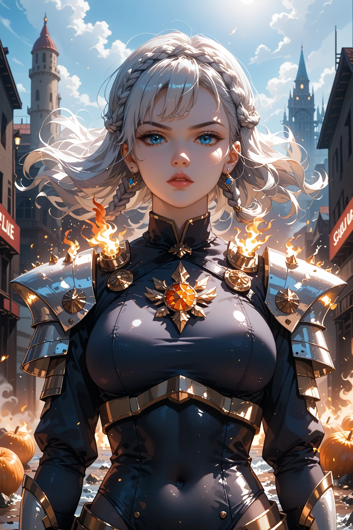 An animated-style female warrior standing confidently in a devastated urban battlefield at night. The sky is dark, heavy with smoke and ash, lit by the flickering glow of nearby burning skyscrapers. Flames cast dramatic shadows across shattered pavement, twisted steel, and broken neon signs. No water or reflections present—only rubble, fire, and the distant silhouette of a crumbling skyline.

She has long, silver-white hair flowing in soft, loose waves with a simple braid at the front. Her skin is porcelain-smooth and luminous against the smoky backdrop. Her piercing ice-blue eyes are striking and expressive—clear and sharp like glacier glass, full of determination.

She wears sleek, fitted silver-and-white Valkyrie-inspired armor that accentuates her athletic, feminine form. Subtle curves are highlighted by the design, with elegant cutouts at the arms and waist. Intricate glowing runes trace across the armor’s scale-like pieces. A flowing, battle-worn cape flutters behind her, frayed at the edges.

Her pose is commanding yet graceful, with one hand resting on the hilt of an opalescent, glowing sword at her hip. The weapon emits a soft, magical aura. The overall scene is cinematic—embers floating in the air, the color palette dominated by fiery oranges, reds, and the metallic gleam of her armor. No water or waves—just raw, scorched earth and the silhouette of a broken city behind her.

