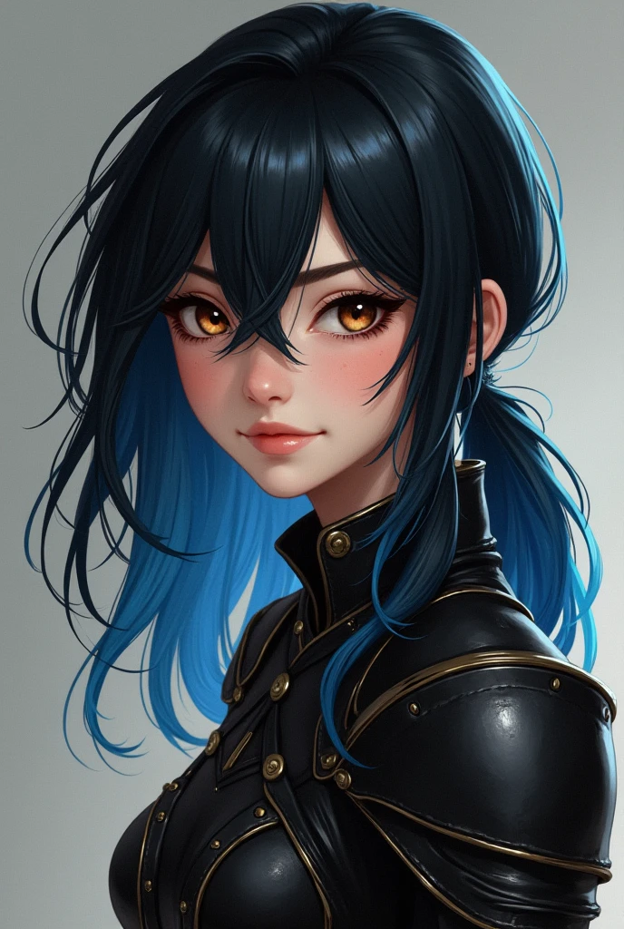 A 19-year-old girl with black hair and blue tips. She is slim and small has brown eyes. She is wearing leather combat armor. She has an ability and can make herself invisible if she wants. She should look real and have slightly tanned skin. A slight smile
