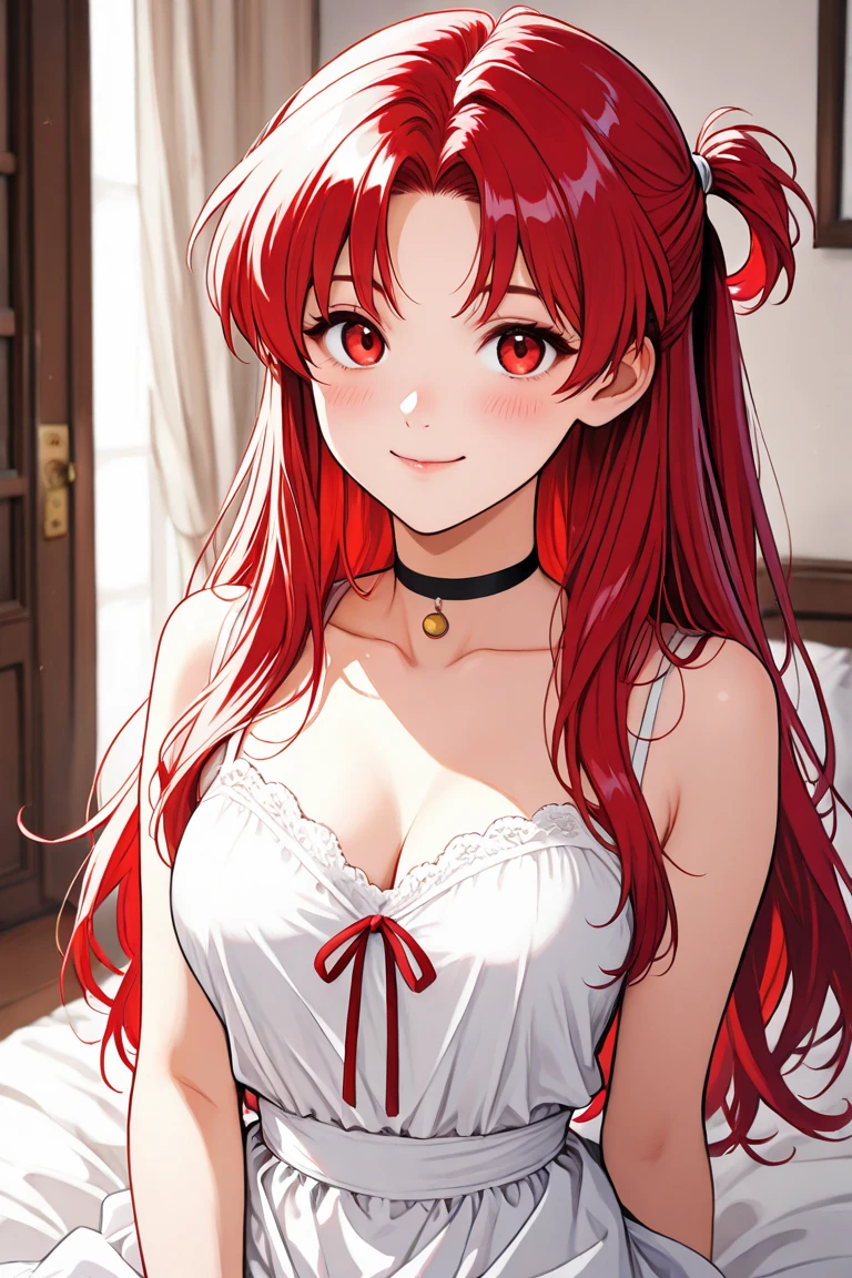 looking forward and smiling, Red hair, breasts big, face detailed, masterpiece, realistic hd eyes, detailedeyes