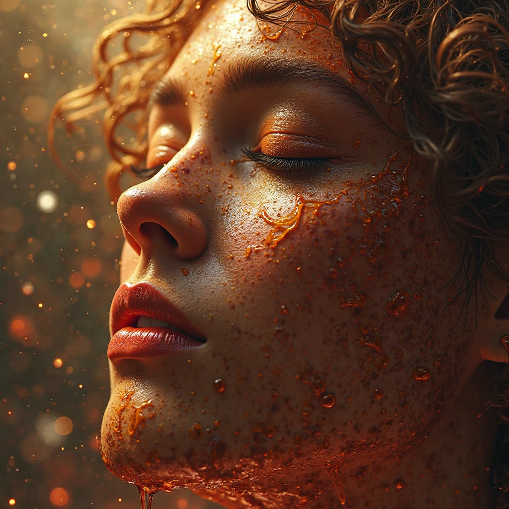 The Alchemy of Creation: A divine and miraculous scene where Adam emerges from the primordial clay, but now with the transmutation of water into wine as a symbol of the life that springs forth. In a hyper-detailed close-up, Adam's face is sculpted to perfection celestial:  Arched and defined eyebrows , with delicate strands that seem sculpted one by one; eyes closed, with long, subtle lashes that suggest imminent awakening; a straight and elegant nose, with finely molded nostrils;  and full lips , open, as if ready to receive the breath of life.  Her curly hair , full and defined, fall in soft waves, with each curl shining with the moisture of the clay and reflections of divine light, in shades of deep brown with golden nuances.

O barro, from a rich earth tone with veins of ochre and sienna, is viscous and shiny, with subtle fissures that reveal the craftsmanship of creation. Mas, as the figure of Adam emerges, the water that drips from the clay begins to transform into red wine, a deep ruby liquid that shines with reflections crimson and gold under the celestial light. Drops of pure water, initially crystalline, take on wine hues as they stream down Adam's face, mixing with the clay and creating a hybrid texture that symbolizes the transition from raw matter to sacred life. The wine lightly tints the clay, leaving areas with a translucent shine, as if the essence of life were being infused
Ethereal fingers, only hinted at at the edges of the painting, mold the clay with divine precision, while rays of golden light pierce a primordial mist, illuminating particles of cosmic dust that float around. The color palette is a fusion of earthy tones—deep browns, amber and ochre—with the ruby red of the wine and the gold of the divine light, creating a dramatic contrast that highlights the miraculous transformation. The cinematic depth of field reveals the microscopic details: the porosity of the clay, the brilliant reflections of the wine, e a textura