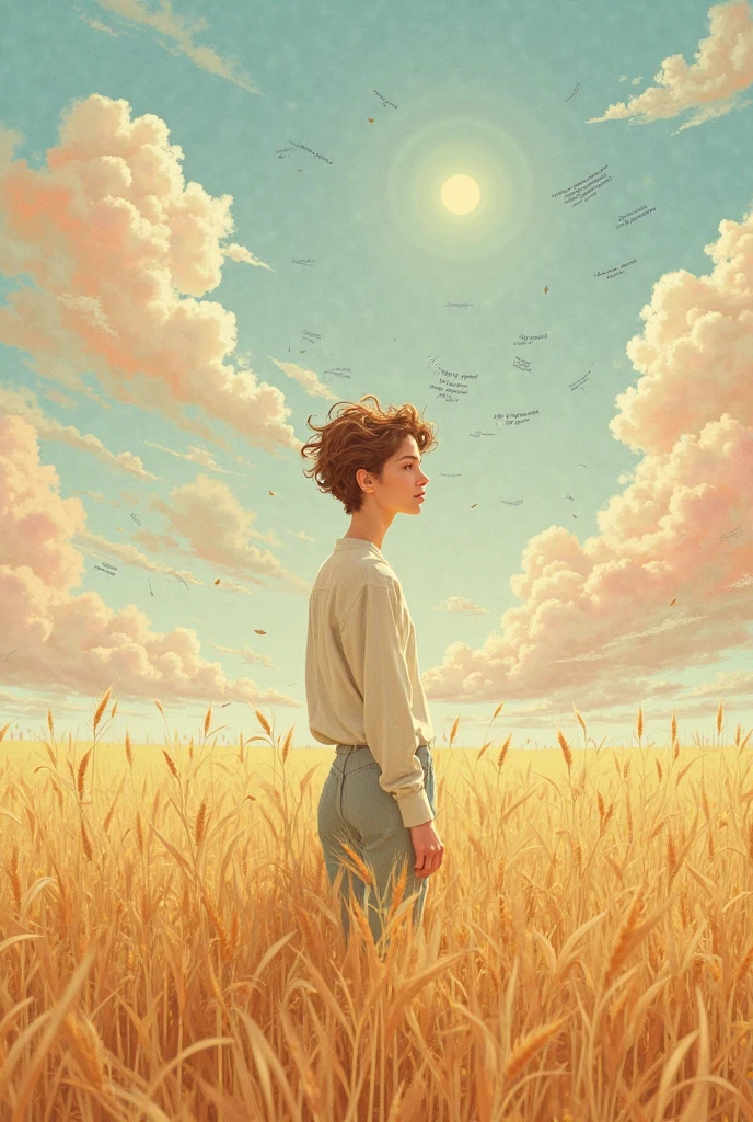 A dreamy artistic drawing in a style that produces (vintage), in which a person stands in a golden wheat field under a soft sun, as if it were the early summer sun. . The air moves his hair and clothes gently, and the sky is full of light pink and blue clouds. around him flying poetry with verses from the poem, as if the poem originates from nature itself. . Its features are calm, but it has a mysterious and timeless beauty that conveys the idea that its beauty is not only formal, but eternal as if it were carved in time