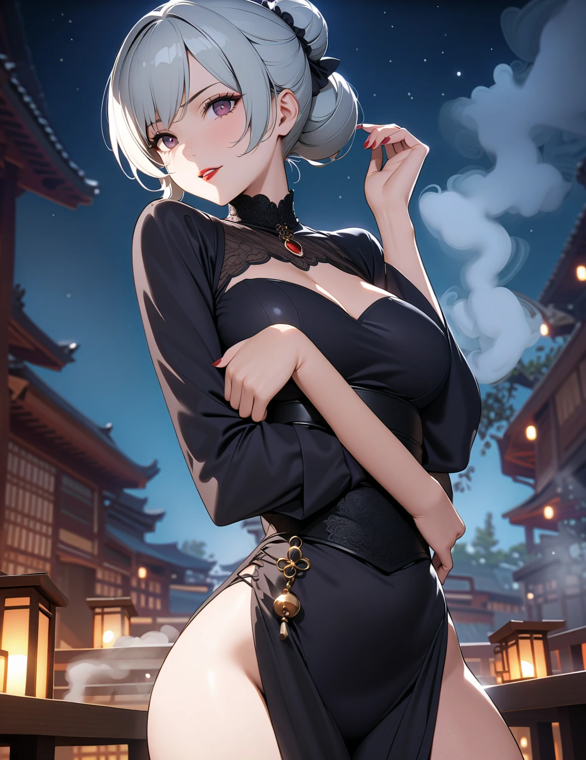young girl 16 years old, short silver bob hair, hair flower, sharp bangs between the eyes, yellow eyes, eyes large, provocative look, obscene expression, on your knees in front of a naked boy, de joelhos blow job, blow job, point of view from afar, fully body, traditional chinese imperial clothes black with gold details, red skirt, black thigh high socks. Japanese room, at night, with full moon in the background, light reflecting on the sexy and sweaty body. (((sweat))) (work of art:1.2,) (best qualityer.)