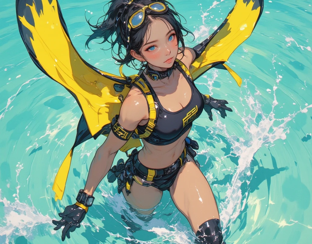 18 year old Celty Sturluson from Durarara in a yellow thong bikini flexing her muscles with her hands behind her cat ear helmet so they are not seen to show off her abs on a white sanded beach, highly detailed 