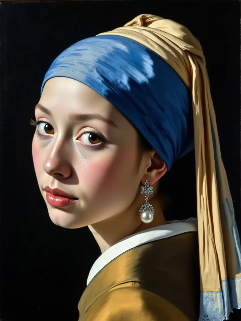a painting of a girl with a pearl earring, in the style of dutch golden age, close-up, 32k uhd, late 19th century, venetian school, paintings, francesa young woman,close-up portrait,girl with pearl earring,delicate facial features,serene expression,elegant posture,wearing intricate lace collar,ornate pearl earring,soft lighting,warm color palette,dutch golden age style,