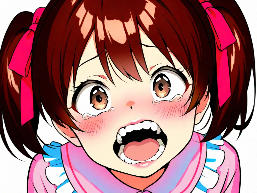 anime screencap, score_9,score_8_up,score_7_up, source_anime, anime coloring, Komekko, upper body, smile, looking at viewer, child_, open mouth, cum on face, head back, from above, naked, nipples, flat chest, cum on tongue, tongue out, hand on another's head, pov, on knees, wood floor,
