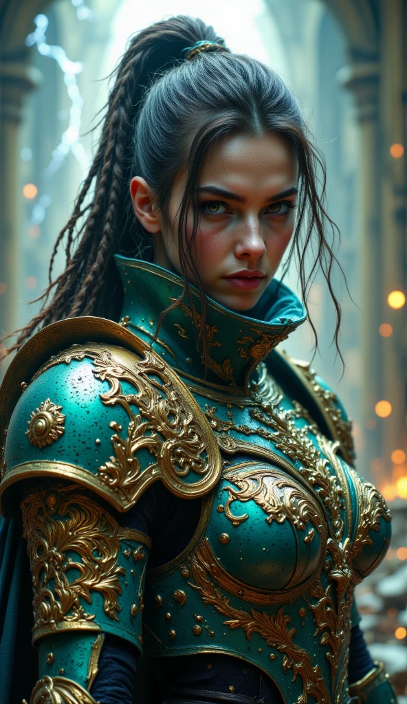 Stunning female fantasy warrior in ornate, metallic teal and gold armor, detailed with baroque patterns and sharp pauldrons, standing in a ruined cathedral. Her armor fits her form tightly, reflecting a realistic, polished finish with intricate engravings. She has a fierce but calm expression, with a soft natural complexion. Lightning crackles behind her, illuminating the battlefield with magical energy.
(Variation Detail): Her hair changes in each image — flowing platinum blonde, fiery red curls, sleek raven black with braids, silver-white with glowing strands, or deep violet with streaks of blue. Hairstyles include high ponytail, loose waves, elegant bun, windblown wild, and side-swept styles.
Dark fantasy aesthetic, cinematic lighting, ultra-detailed armor reflections, hyperrealism, 8K resolution, volumetric magic effects, Unreal Engine style, concept art quality.