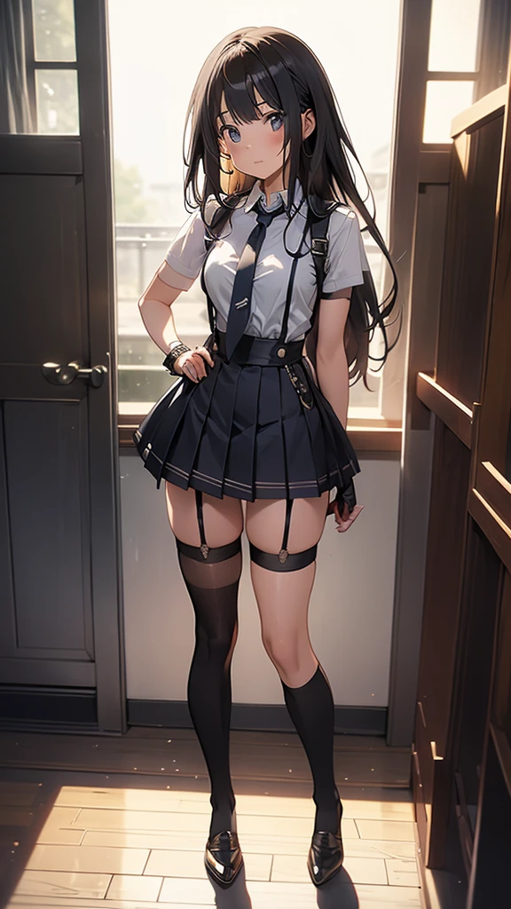 (one girl ) a girl seen from the floor, can wear skirt or shorts, a view from below, long stockings or pantyhose, medium breasts, ((very detailed)), (perfectly detailed face), (very detailed hand), photorealistic image.