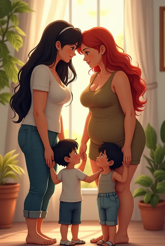 Taller black hair mature women wearing t-shirt holding hand with long red hair mature women with big breast wearing singlet and she have two little sons with black hair Standing Besides them playing together