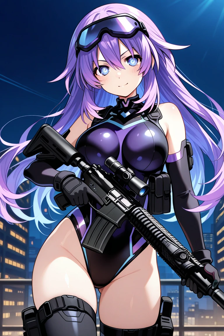 top-quality、Top image quality、​masterpiece、girl with((18year old、Best Bust、big bast,Beautiful purple eyes、Breasts wide open, Purple ponytail、A slender、Large valleys、Purple and Black Open Chest Rider Suit,Red high heels、Reflecting the whole body、Purple Necklace、Red face、Slippery texture、up chest、head phone,Holding an assault rifle in both hands)）hiquality、Beautiful Art、Background with((A town that shines at night)))、Depth((Mass Flying Drones)),masutepiece、visualart、depth of fields、