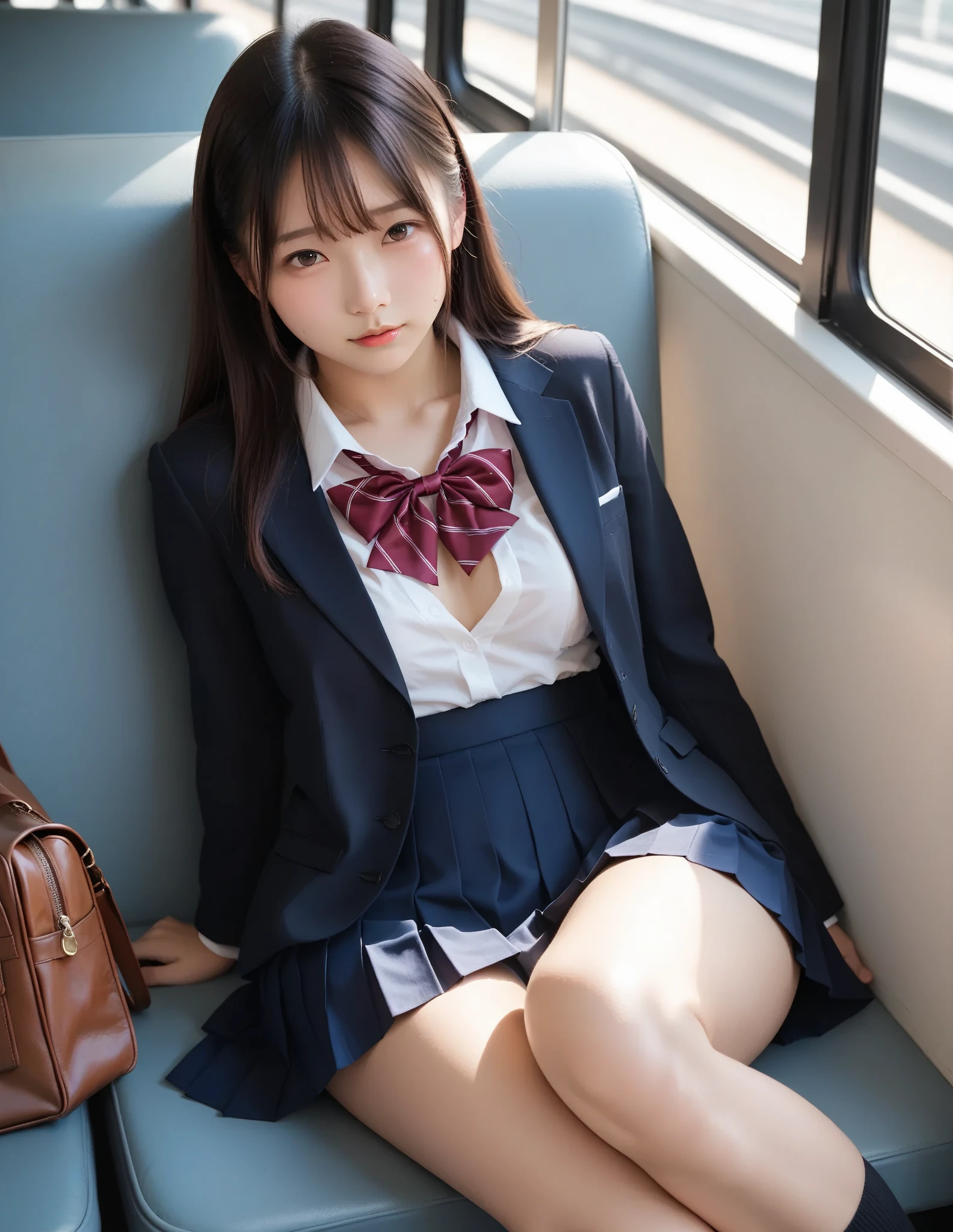 High angle shot、Center View、An Asian woman in a short skirt and bow tie is sitting on a train、Cute school girl、Japanese girls uniform、Wear Japan 、Japanese 、Surreal 、Dressed as a high school girl、Surreal 、Wearing a uniform、Realistic high school girl、Girl in uniform、Wearing a uniform、 Pause、Esbian all over、Beautiful skin、Glowing Skin、Nice thighs、Shining thighs、Shining Legs、barefoot , Japanese High School 、Nogizaka Idol、Korean Idol