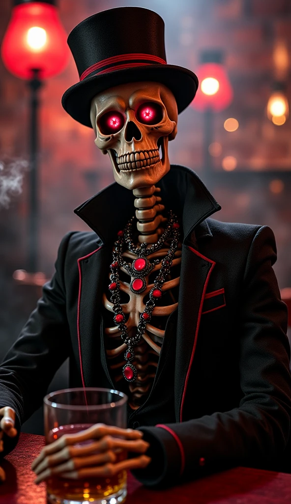Inside an old speakesy background with Skeleton wearing a velvet suit and velvet top hat close up