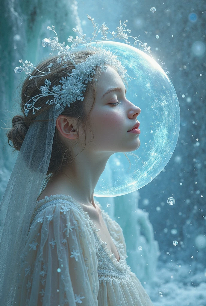 A girl with an orbalet surrounded by ice