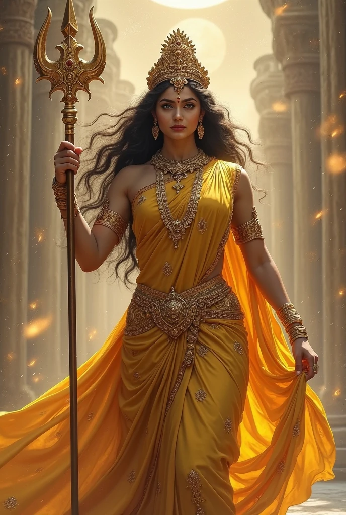 Goddess to Durga golden colour saree in trident in photo in silk saree