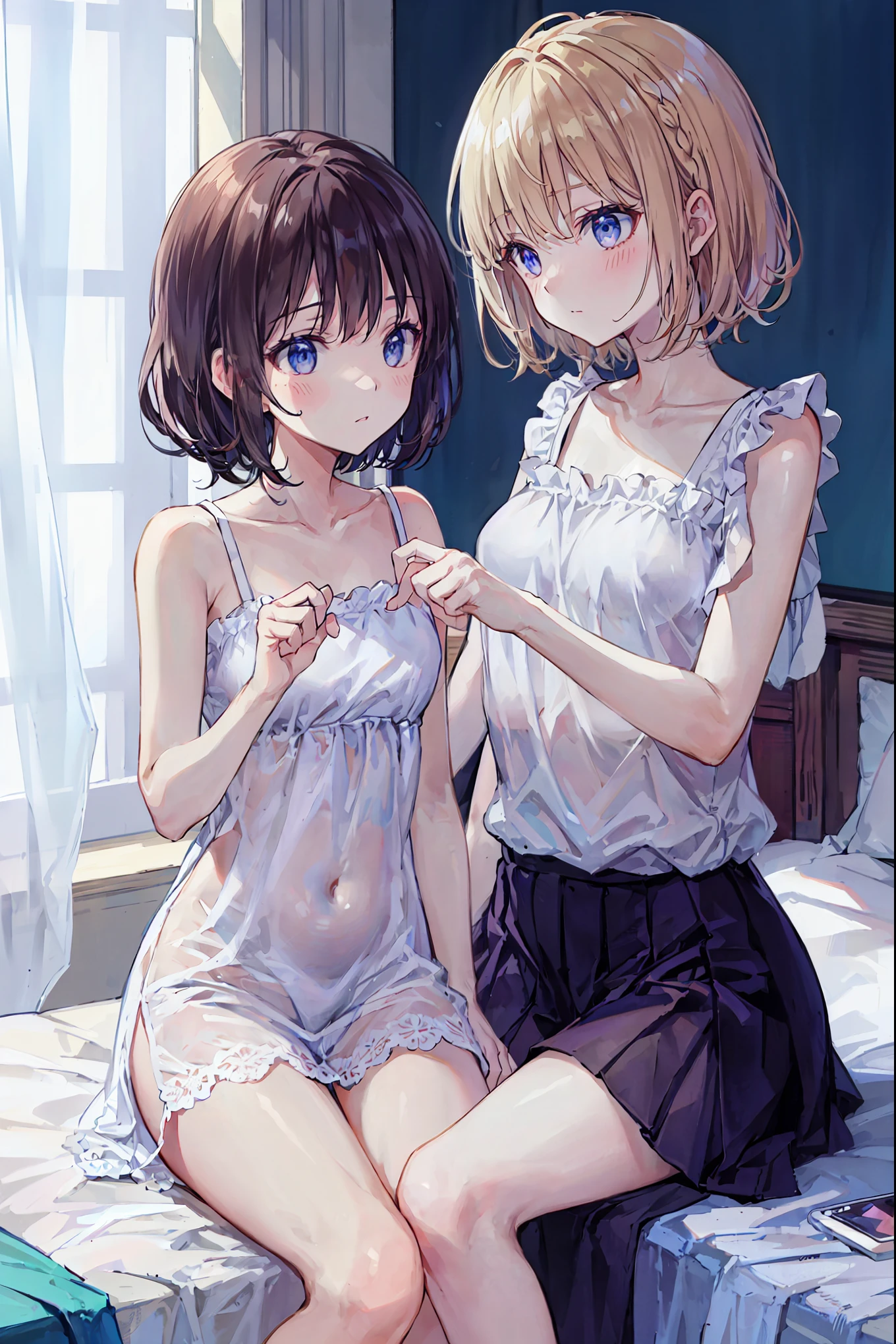 Highest image quality,Twin girls,gray hair,very short hair,short hair,golden eyes,Stinking eyes,brown skin,brown skin,black skin,sunburn,slender,Glossy skin,Arabian,On bedding,negligee,baby doll,T-back,butt,