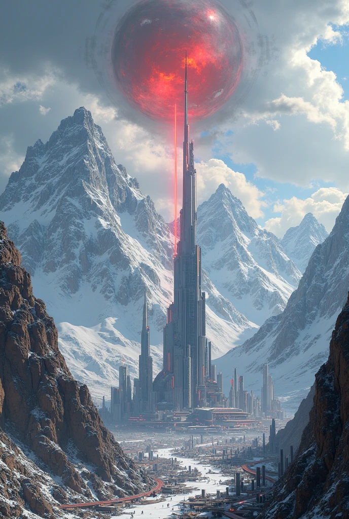 Realistic vertical image of a futuristic city in the middle of rocky mountains and illuminating red balls descend from the sky.