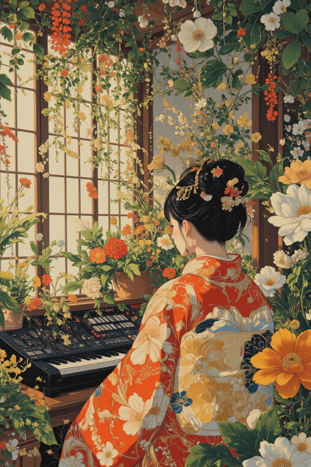 テーマはambient music,畳の和室に伝統的な花柄の着物を着た女性と壁一面にモジュラーsynthサイザー, with concentrated expressions, 精巧なモジュラーsynthサイザーの前に座っています,Woman in kimono in back view,in calm tone background、A mysterious worldview with a unique blend of traditional kimono attire and modern electronic devices, "off Kanagawa"adorns the wall, soft, ambient light from shoji,Tranquil Atmosphere,ambient music,potted plants and natural atmosphere,The composition is in harmony and balance down to the details,Ukiyo-e framed artwork accents, woman sitting in front of a keyboard,synth feel, Japanese painting style, Chill Hop, synth vibe, synth,  electronic music , モジュラーsynthサイザーのケーブル