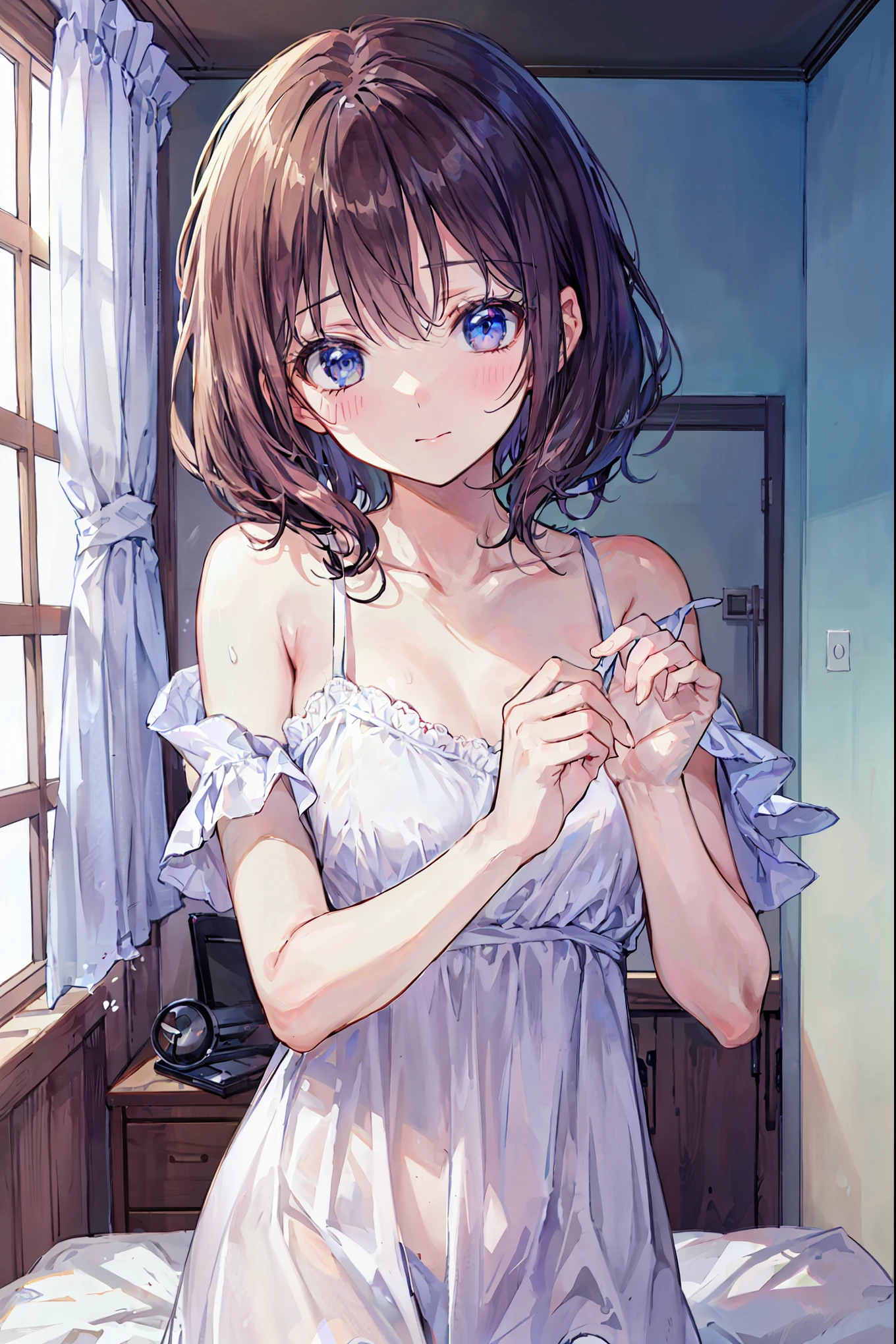 High quality, high details, high definition, Bedroom, On the bed, Crawling on all fours, View the viewer, Blushed smile, Four fingers and short thumbs, See-through with slit Sexy lace camisole A Female student with a transcendental pretty and Two bulges lined up in a row at the top of the fuselage