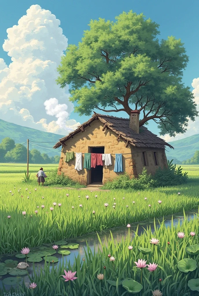 "A peaceful rural scene with a small mud house surrounded by lush green rice fields and a lotus pond in front. Clothes are hanging on a clothesline outside the house, and white smoke is coming out of the chimney. A large tree provides shade behind the house, and the sky is bright with a few fluffy clouds. The setting is serene and picturesque, capturing the tranquility of village life."