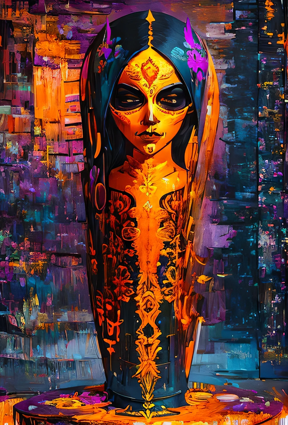 OrangeScale : Sensual Jasmine GlitchArt : abstract, vibrant, animated : solitary melancholic atmosphere --v 5 --stylize 1000