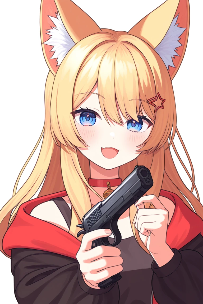 (best quality), (masterpiece), (solo), ((upper body)), catgirl, (blue eyes), ((cat ears)), (long blonde hair), (yellow cat tail), ((big lush breasts)), ((red open jacket, black bikini, pet collar)), ((glossy skin)), serious expression, ((aiming at the viewer with a glock:1.45)), (night background)),