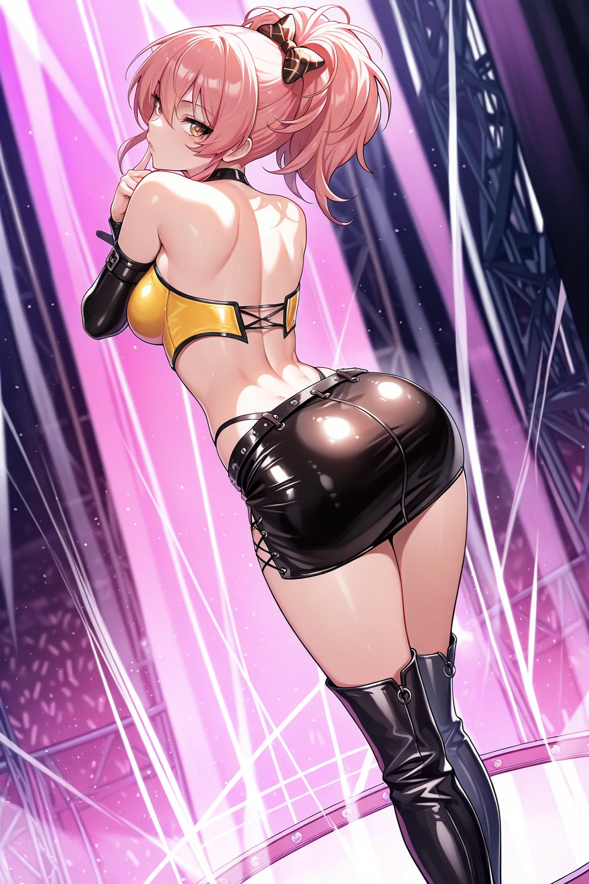 BDSM、Queen、spouse、(((One Girl)))、alone、(((Shiny latex costume)))、(((Long gloves covered in black latex all the way to the fingertips:1.4 )))、(((Black and pink latex corset dress:1.4)))、(((Beautiful lace corset dress.)))、(((corset dress with shoulder straps)))、(((Black and pink latex tight mini skirt:1.4)))、(((Black thigh-high boots)))、(((Black fishnet stockings:1.2 )))、Stiletto heels、(((Black latex panties)))、(((black latex bra)))、(((Black leather collar)))、(((erotic)))、Blonde Short Hair、masterpiece、High resolution、High resolution、masterpiece、Anatomically perfect body、Anatomically perfect hands and feet、Detailed face、Fine grain、Expressionless、Cold Stare、Inside the house、(((squat)))、(Cure Black)、Belt of Hearts、(((Backwards)))
