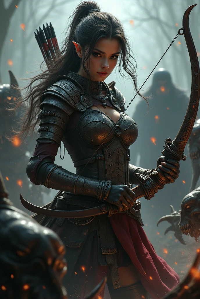 A warrior girl with a crossbow in her hands surrounded by monsters