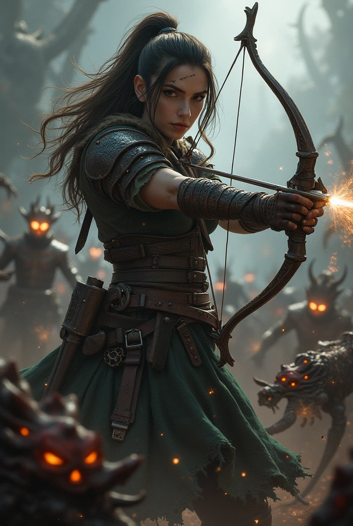 A warrior girl with a crossbow in her hands surrounded by monsters
