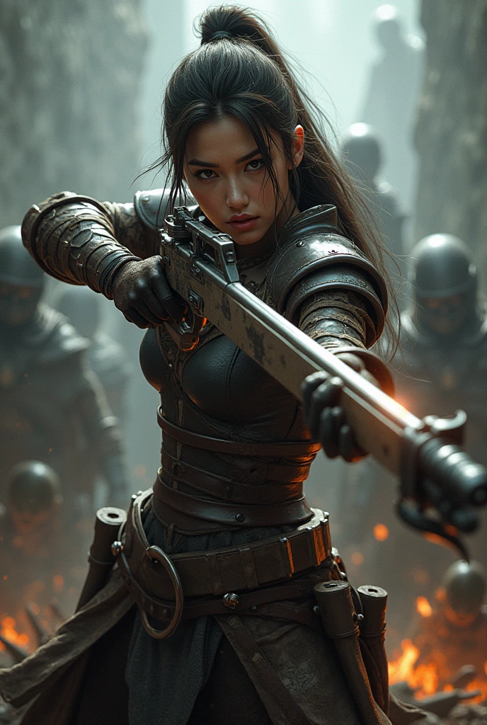 A warrior girl with a crossbow in her hands surrounded by monsters