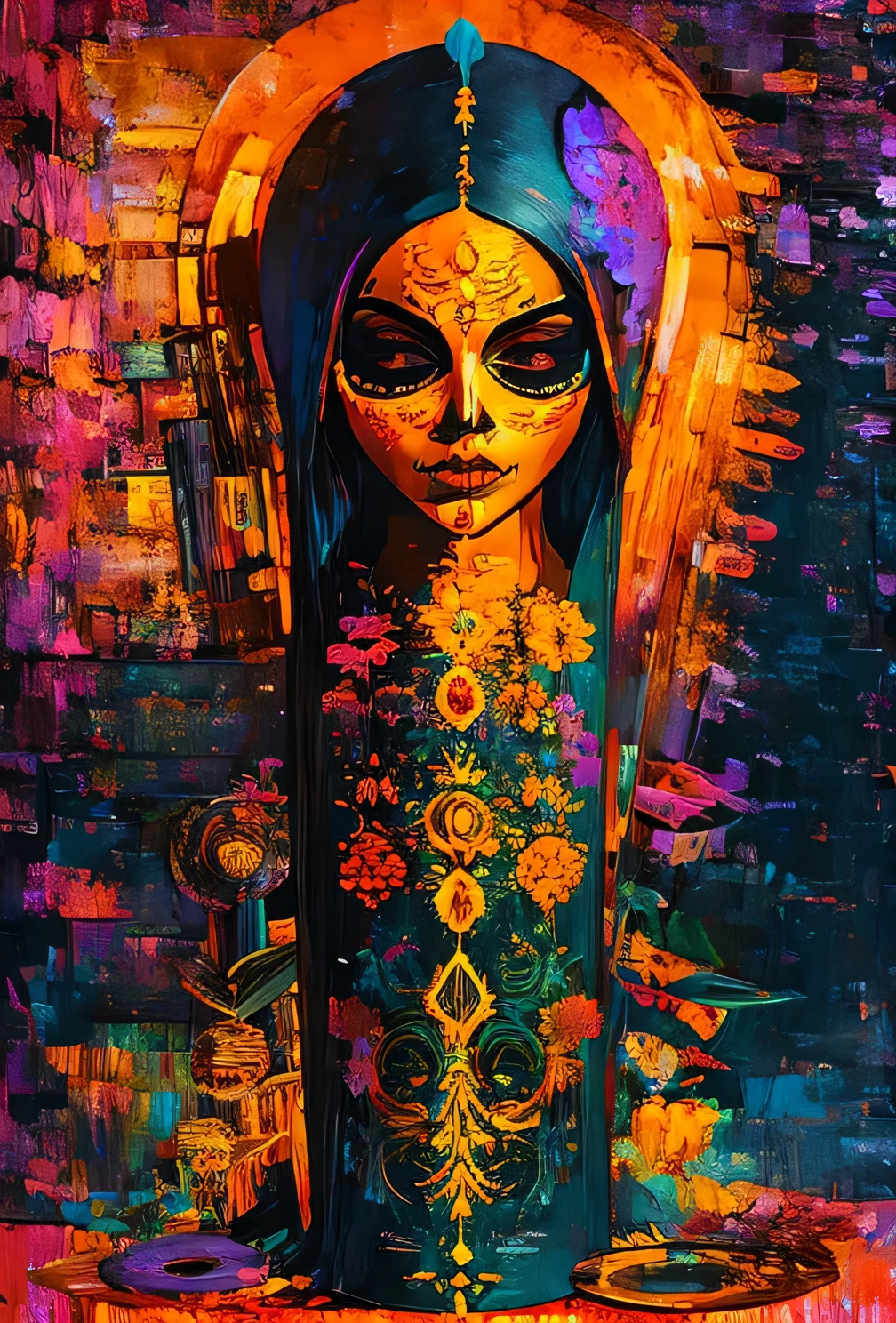 OrangeScale : Sensual Jasmine GlitchArt : abstract, vibrant, animated : solitary melancholic atmosphere --v 5 --stylize 1000