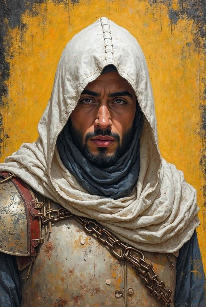 @Meta AI 
 Make a drawing of an Umayyad soldier in oil colors painted in the middle ages
He wears white leather on his head and shoulders with a shield with chains underneath it and only his eyes are worn out of the shield 
 The background is deaf, antique yellow with black on the edge. The color of his skin is Hantawi