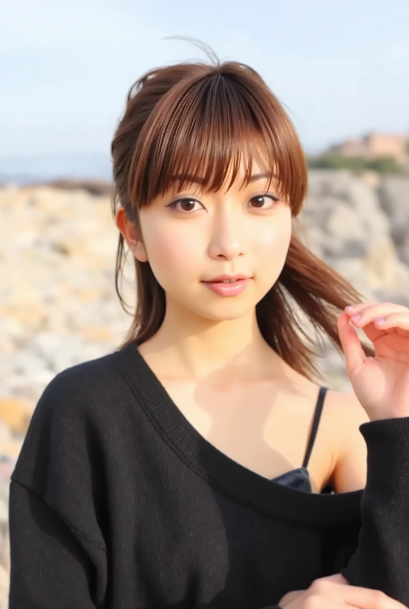 (mochida_kaori), solo girl, Beautiful Eyes, brown hair, (ponytail), (black sweater dress)、cowboy shot, (masterpiece), (best quality), (highly detailed), (extremely detailed CG), (high resolution), (4K), (8K), (beautiful face)、(very detailed image), beach