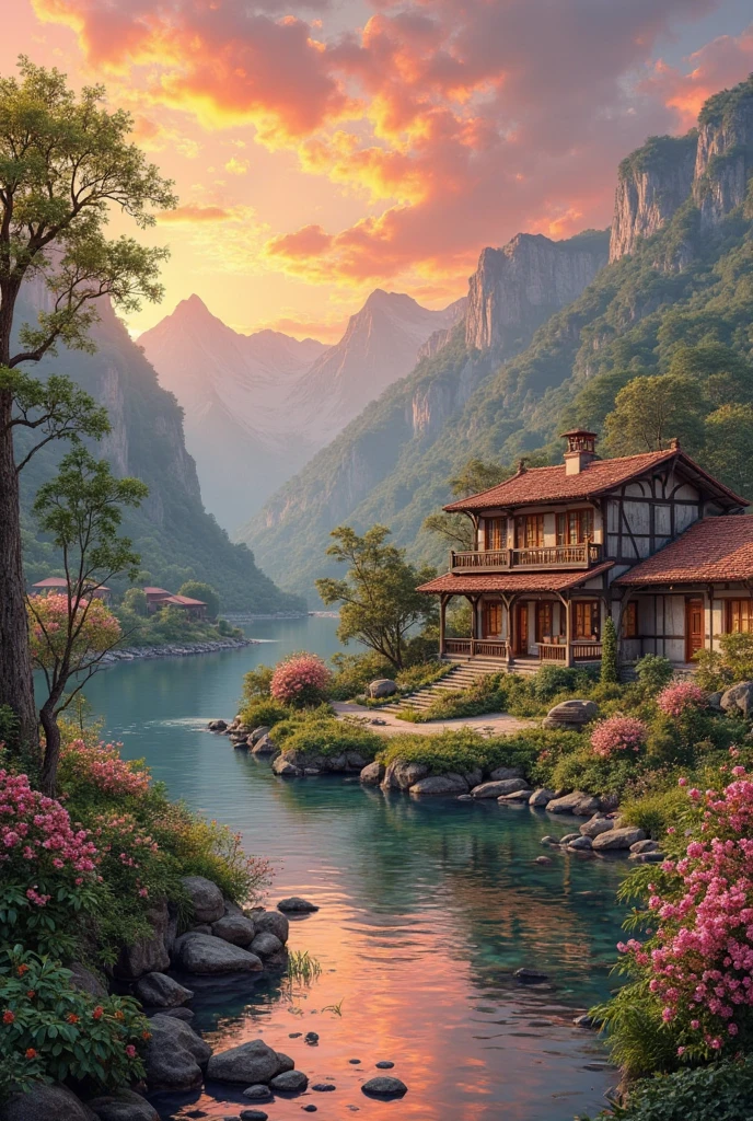a small village by the river, mountains in the background, floral flowers colorful, detailed landscape, Beautiful natural landscapes, atmospheric lighting, scorching sunset, warm colours, practical, photopractical, Detailed Foliage, complex buildings, cobblestone street, Charming country house, swirly vibrant colors, lush vegetation, Still water reflections, Picturesque, idyllic, work of art, best qualityer, 8k, extremely detaild,anime stylingjyoti is a breathtakingly beautiful indian milf woman with fair skin and a voluptuous figure. Her long, dark hair cascades down her back like a silken waterfall, framing her delicate features and expressive brown eyes. She embodies the grace and elegance of traditional Indian beauty, often adorned in vibrant sarees that accentuate her curves. She has large breasts that has been the talk of the town ever since they moved in. is standing nude with a famous Indian gangster in front of her husband who wants to be a cuckold.