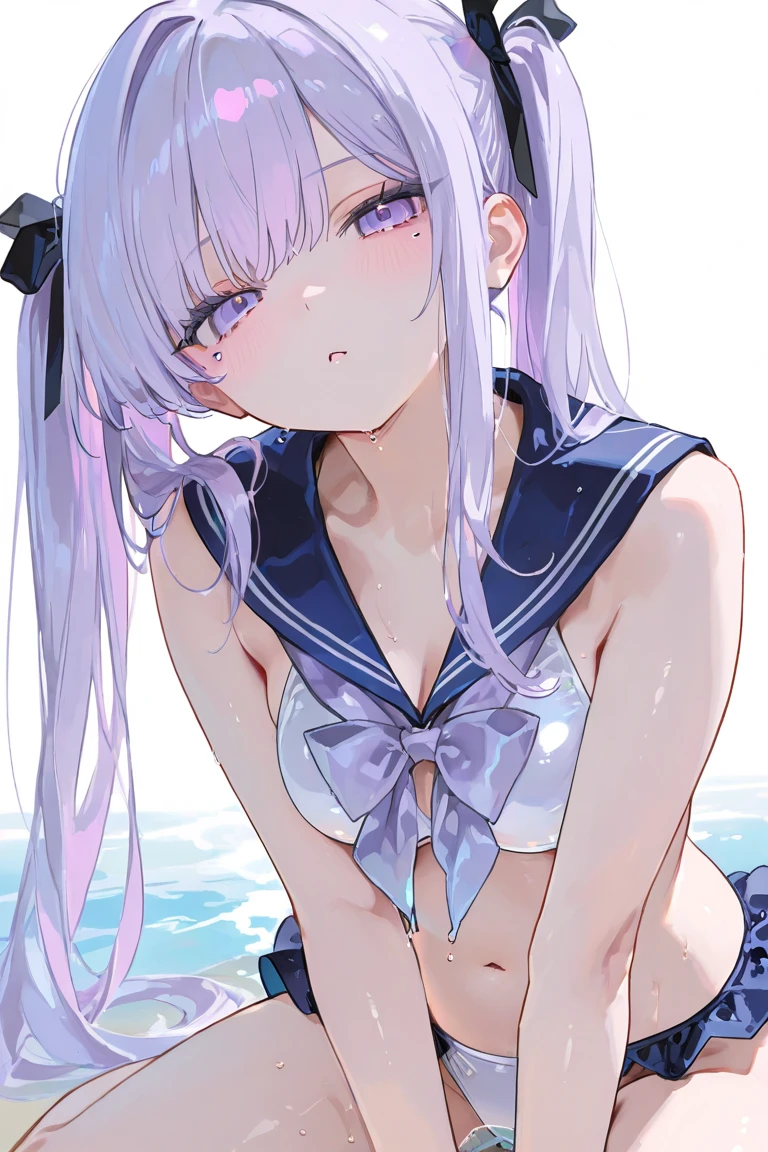 (muste piece), (best quality), very detailed eyes, expressive eyes, perfect face, very detailed face, highly detailed face, beautiful girl, 8K, beautiful girl, white background, delicate and beautiful face and eyes, dark intense shadow, 
1 girl, vtuber style, cool girl, hololive, amane kanata, streaked hair, short hair, sailor bikini, small chest, cropped shoulders, clavicle, wet body, one eye close winking, smile, body visible through clothes, chest visible through clothes, ass visible through thighs, (full body), sitting, open legs wide,