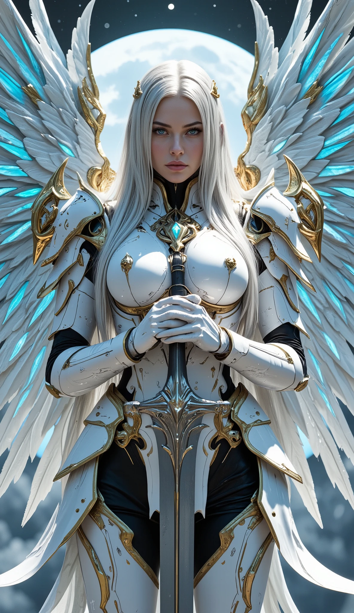 (realistic, Solo, 1girl wearing cyber armor, beautiful blue eyes, long silver hair, holographic archangel wings, (huge breasts: 1.3), (nude: 0.8) (simple glowing background:1.25), (holding giant sword in front of her, holding sword:1.3), masterpiece, best quality, high-angle, Hyperdetailed, masterpiece, best quality, 8k, natural lighting, diffused moonlight glow, sunlight, HDR (High Dynamic Range), Maximum Clarity And Sharpness, Multi-Layered Textures white and bronze armor
